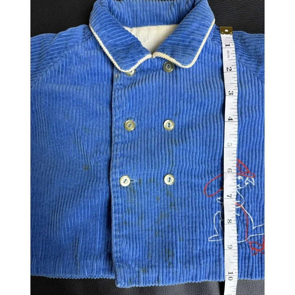 Vintage 70s Corduroy Baby Set Blue Jacket Pants Kangaroo Firefighter USA 18M